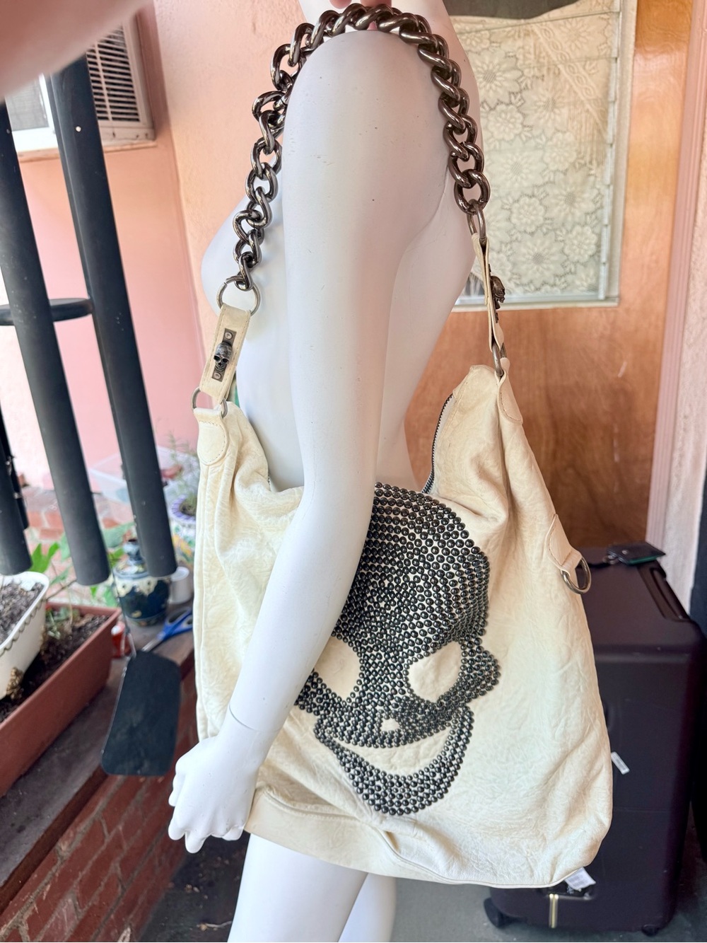 Thomas Wylde Iconic Studded Skull cream crinkle Leather Shoulder Bag.